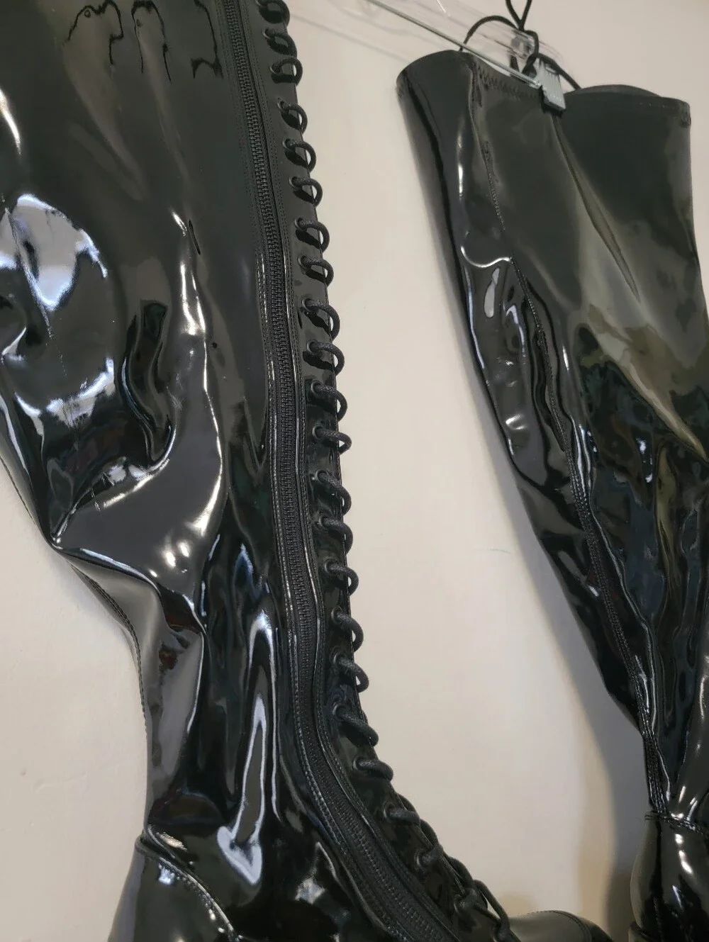 Demonia Camel 300wc High-Shine Black Patent Platform Knee-High Boots